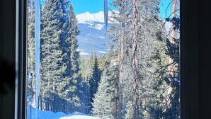 Une vue sur une forêt depuis une fenêtre, avec des montagnes enneigées en arrière-plan.