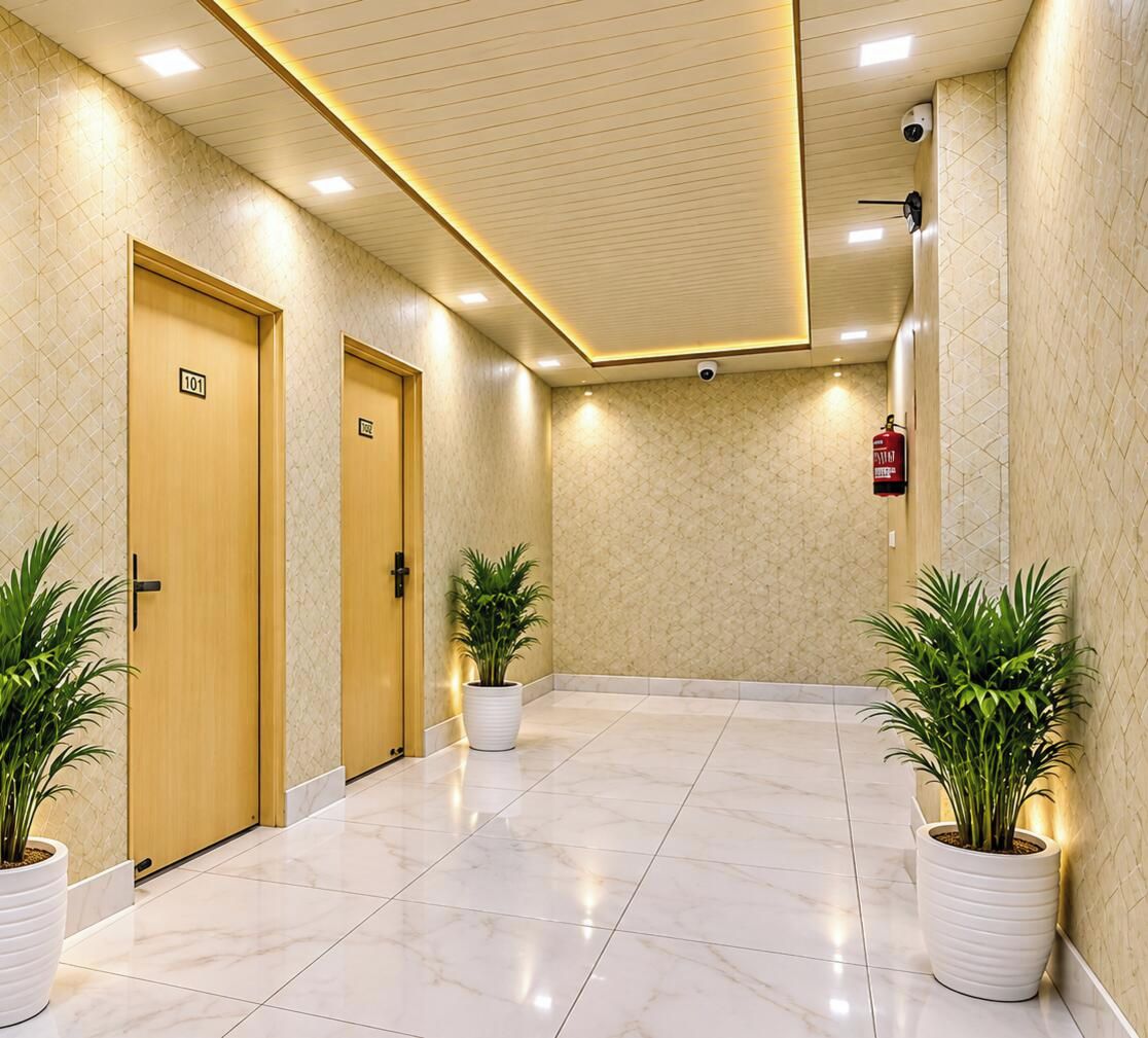 A hotel corridor with two wooden doors, each marked with a number, and potted plants on either side.