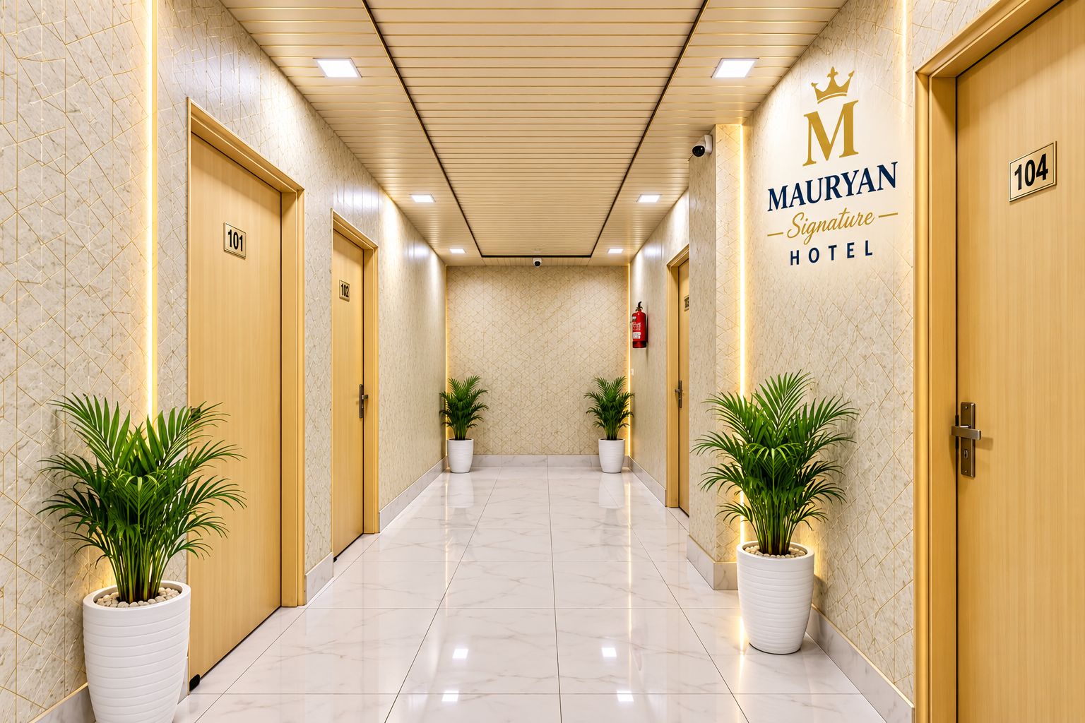 A hotel corridor with doors numbered 101 and 102, potted plants, and a sign for Mauryan Signature Hotel.