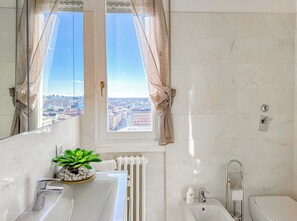 Shower, hair dryer, bidet, towels