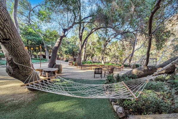 A hammock strung between trees in a park-like setting with outdoor seating and a pool table.