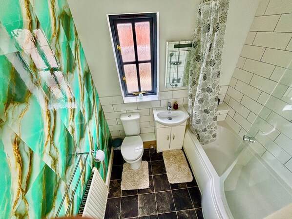Hair dryer, towels, toilet paper