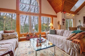 Smart TV, fireplace, DVD player, books