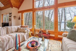Smart TV, fireplace, DVD player, books