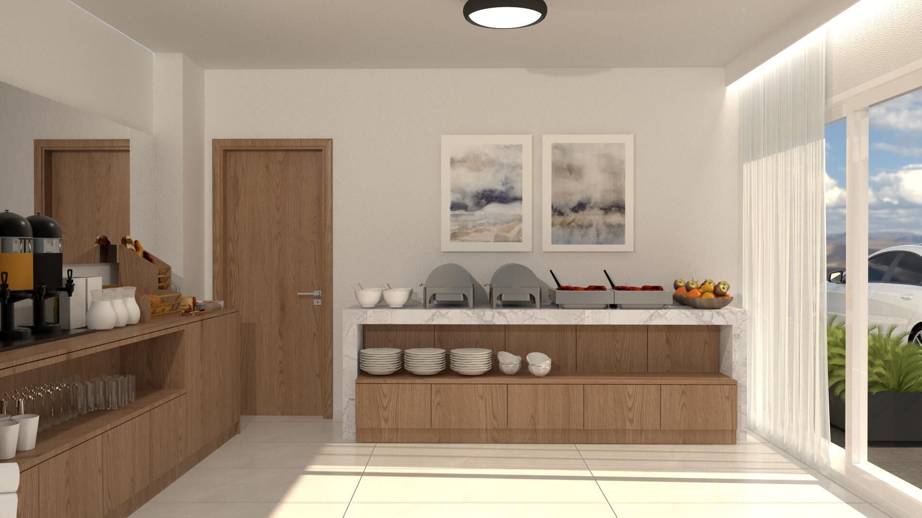 A modern kitchen with wooden cabinets, a marble countertop, and a view of the outdoors.