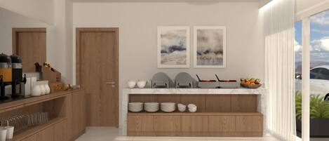 A modern kitchen with wooden cabinets, a marble countertop, and a view of the outdoors.