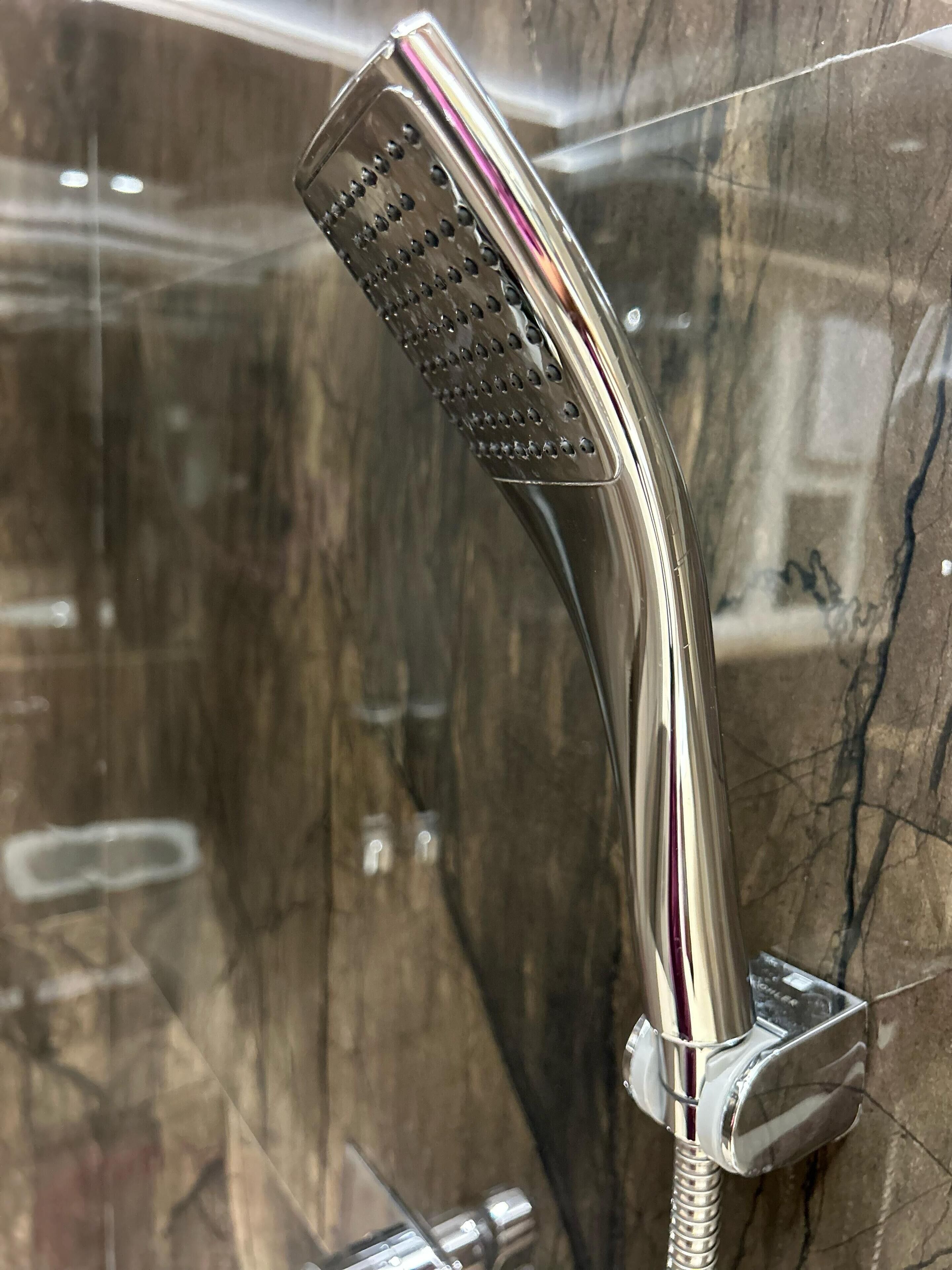 A chrome showerhead with a flexible hose attached to a wall-mounted fixture.