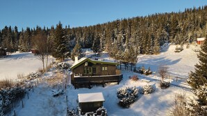 A wooden cabin with a porch, surrounded by snow-covered trees and a clear sky. - Cozy cabin with a spectacular view! Pet-friendly - 15 minutes to skiing resort! (Buskerud)