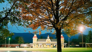 A building with a large tree in front, a grassy field, and mountains in the background. - FAMILY-FRIENDLY, King Bed, Outdoor Space, Pet-Welcome - Intervale Lodge (Intervale)