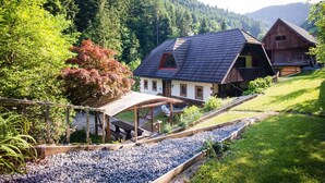 A rustic wooden house with a sloped roof, surrounded by a garden and a gravel path. - Rustic Authentic Holiday Home with Terrace and Wood Stove - Three Bedroom Holiday Home with Terrace (Ljubno ob Savinji)