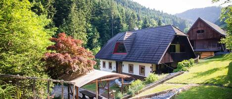 A rustic wooden house with a sloped roof, surrounded by a garden and a gravel path.