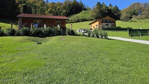 Two wooden houses with red roofs, surrounded by lush green fields and trees.