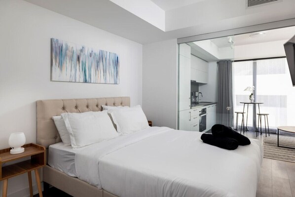 1 bedroom, desk, iron/ironing board, travel cot