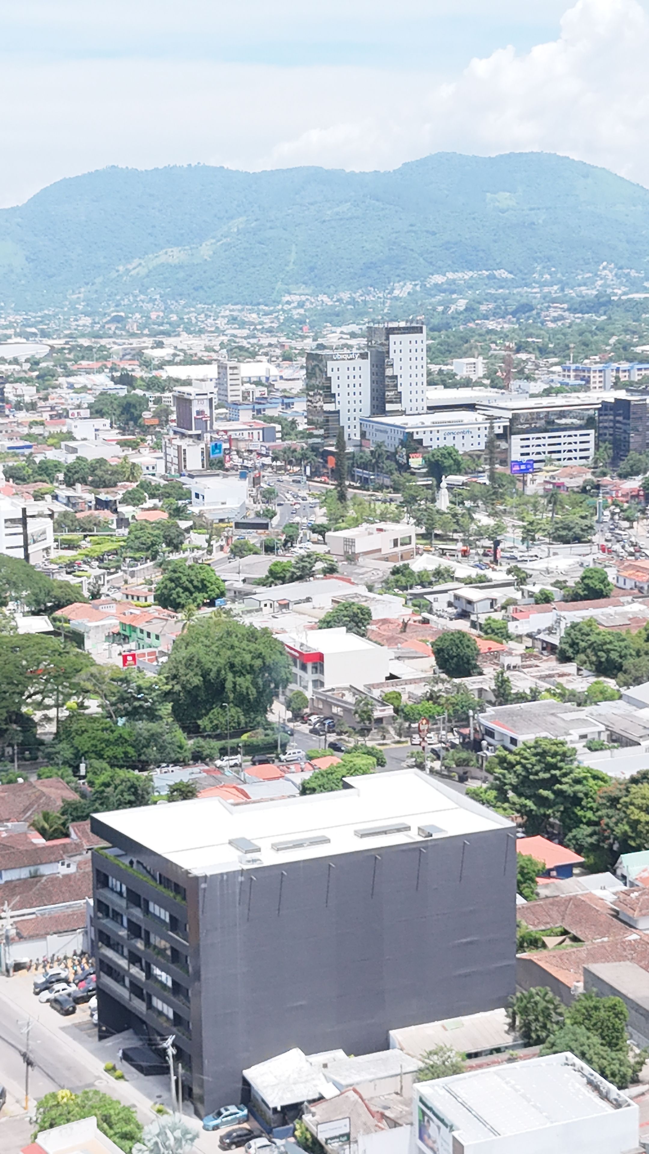 A cityscape with a prominent modern building in the foreground, surrounded by various other buildings and greenery.