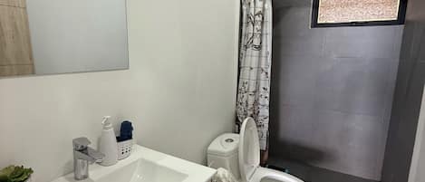 Ein modernes Badezimmer mit Waschbecken, Toilette und Duschbereich.
