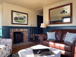 Smart-TV, Kamin, Bücher, Stereoanlage