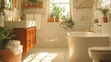 Hair dryer, towels, soap, toilet paper