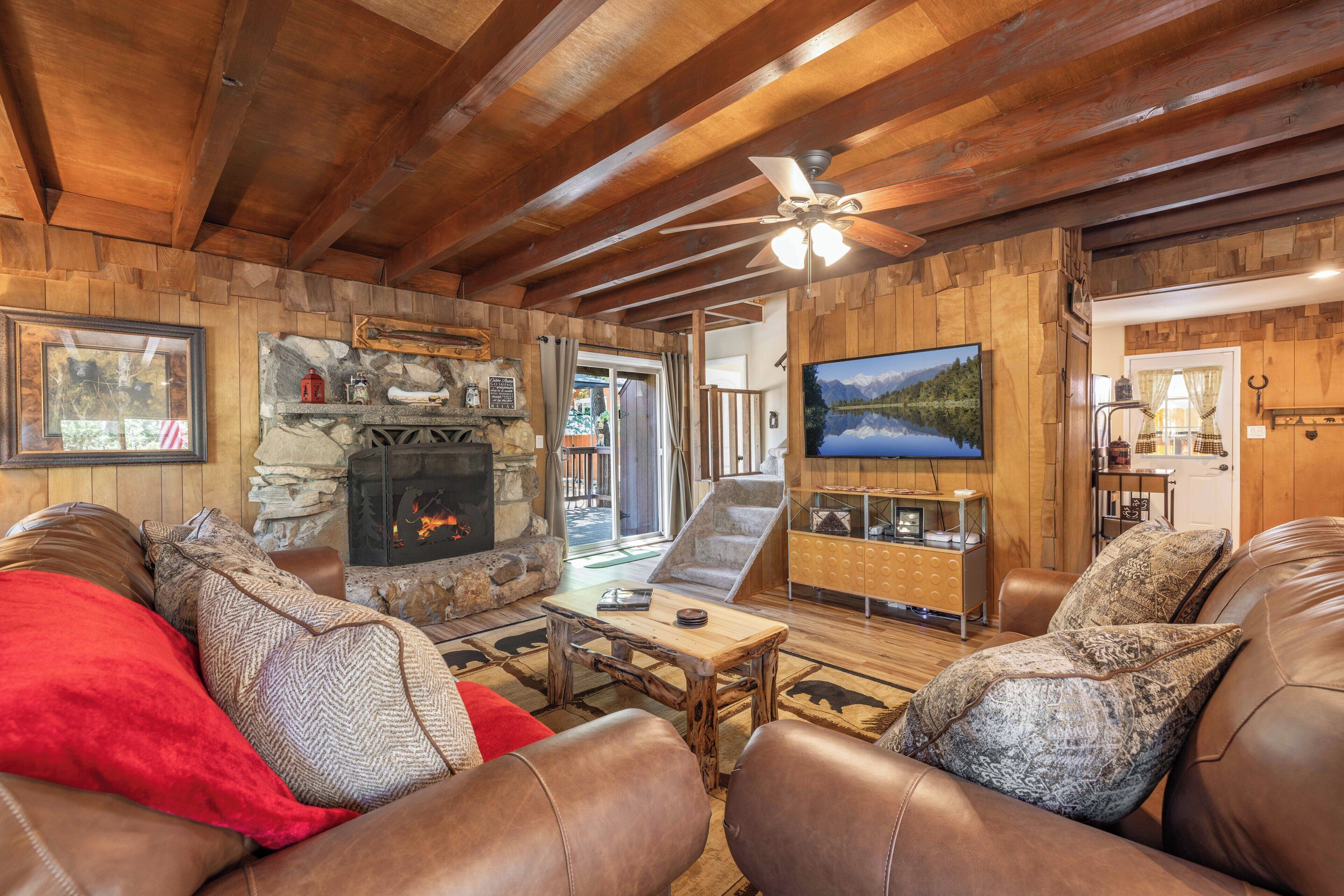 Smart TV, chimenea y libros 