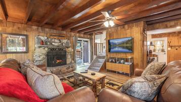 TV connectée, cheminée, livres