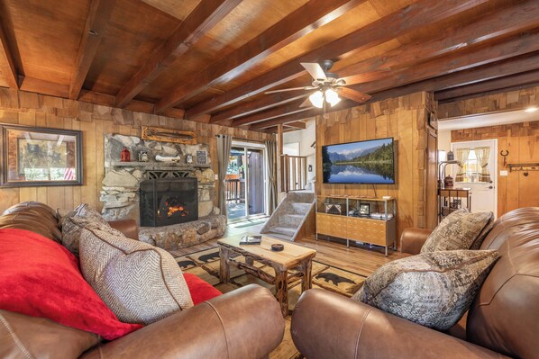 Smart TV, fireplace, books