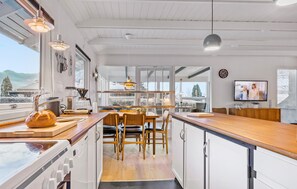 Fridge, stovetop, dishwasher, coffee/tea maker