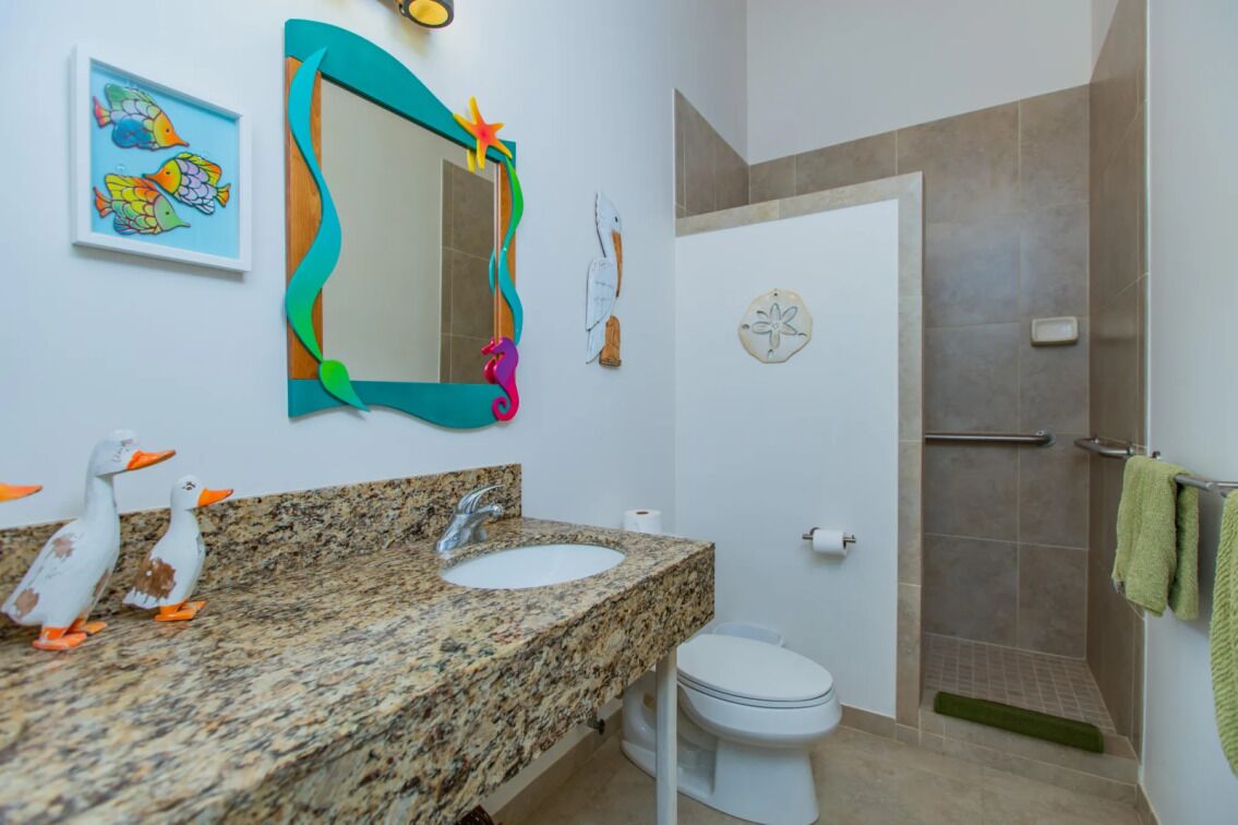 A bathroom with a granite countertop sink, a white toilet, a shower with a glass door, and decorative wall art including a mirror with a colorful frame and a painting of fish.