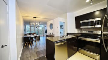 Großer Kühlschrank, Mikrowelle, Ofen, Herdplatte