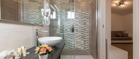 Shower, hair dryer, bidet, towels