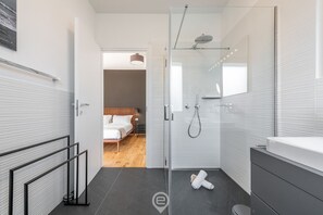 Shower, hair dryer, bidet, towels