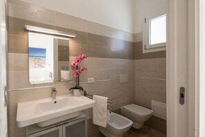 Een douche, een haardroger, een bidet, handdoeken