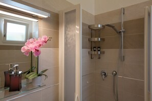 Shower, hair dryer, bidet, towels