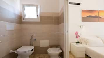 Shower, hair dryer, bidet, towels