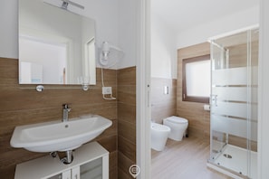 Shower, hair dryer, bidet, towels