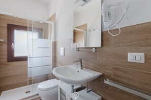 Chuveiro, secador de cabelo, toalhas de banho, shampoo