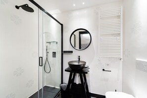 Shower, hair dryer, bidet, towels