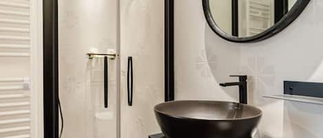 Shower, hair dryer, bidet, towels