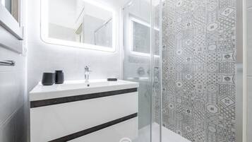 Shower, hair dryer, bidet, towels