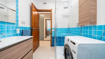 Shower, hair dryer, bidet, towels