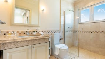Een badkamer met een wastafel, toilet en douche.
