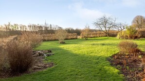 Un campo cubierto de hierba con algunos árboles y arbustos, un cielo despejado y una vista distante de una colina.