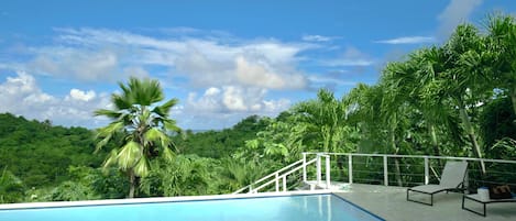 Una piscina con barandilla blanca y sillas de descanso, rodeada de abundante vegetación y un cielo despejado.