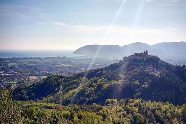Une vue panoramique sur une ville, prise depuis le sommet d’une colline, avec un bâtiment imposant qui se dresse sur une autre colline, le tout entouré de verdure et avec une étendue d’eau visible au loin.