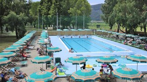 En swimmingpool med flere baner, omgivet af liggestole og parasoller, med træer i baggrunden.