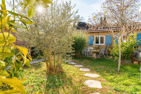Ein Garten mit einem Kiesweg, der zu einem Holzhaus mit blauen Fensterläden führt.