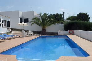 Una piscina rectangular con borde de azulejos, rodeada por un muro blanco, una palmera y un flotador salvavidas.