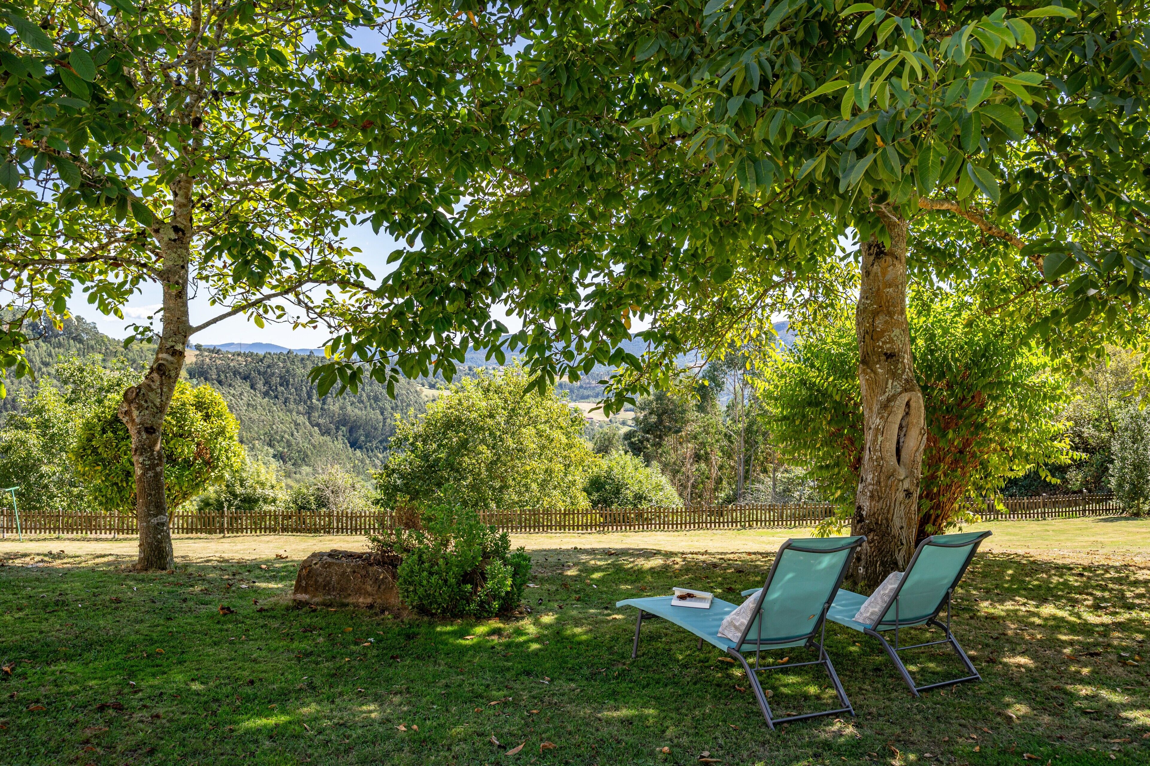 A grassy area with two green lounge chairs under a tree, a rock, and a view of a hilly landscape.