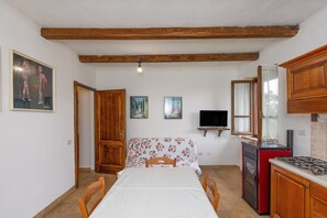 Una stanza con un letto, mobili in legno, una TV e un angolo cottura.