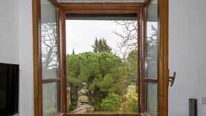 A room with a large window, a brick ledge, and a television on the left. - Apartment 'Simone' with Shared Pool and Shared Garden (Massa Marittima)