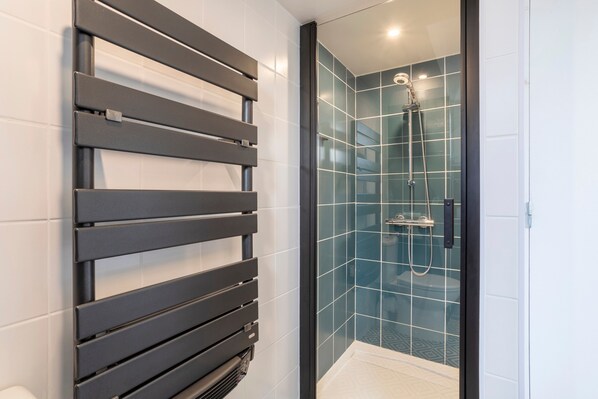 Shower, hair dryer, towels