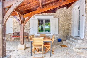 Outdoor dining - Charming Stone House with Pool and Enclosed Garden :
A Haven of Comfort and Serenity (Allemans)